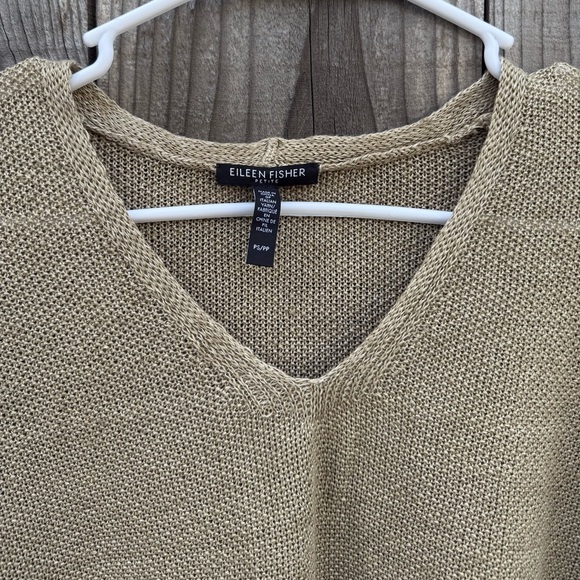 Eileen Fisher Organic Linen Delave V-Neck Knit Top Khaki Tan petite small - Picture 6 of 16